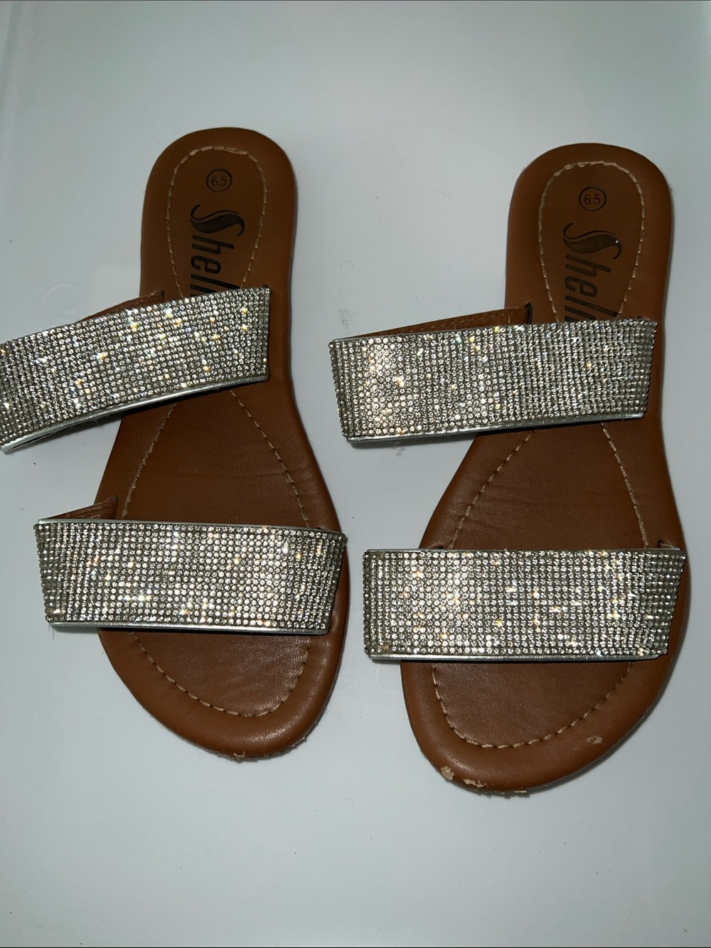 Shein Silver Crystal Double-Strap Slide Sandals - Brown